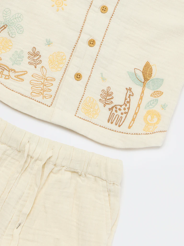 HOP Baby Boys Light Beige Jungle-Themed Cotton Shirt and Shorts Set - Image 4