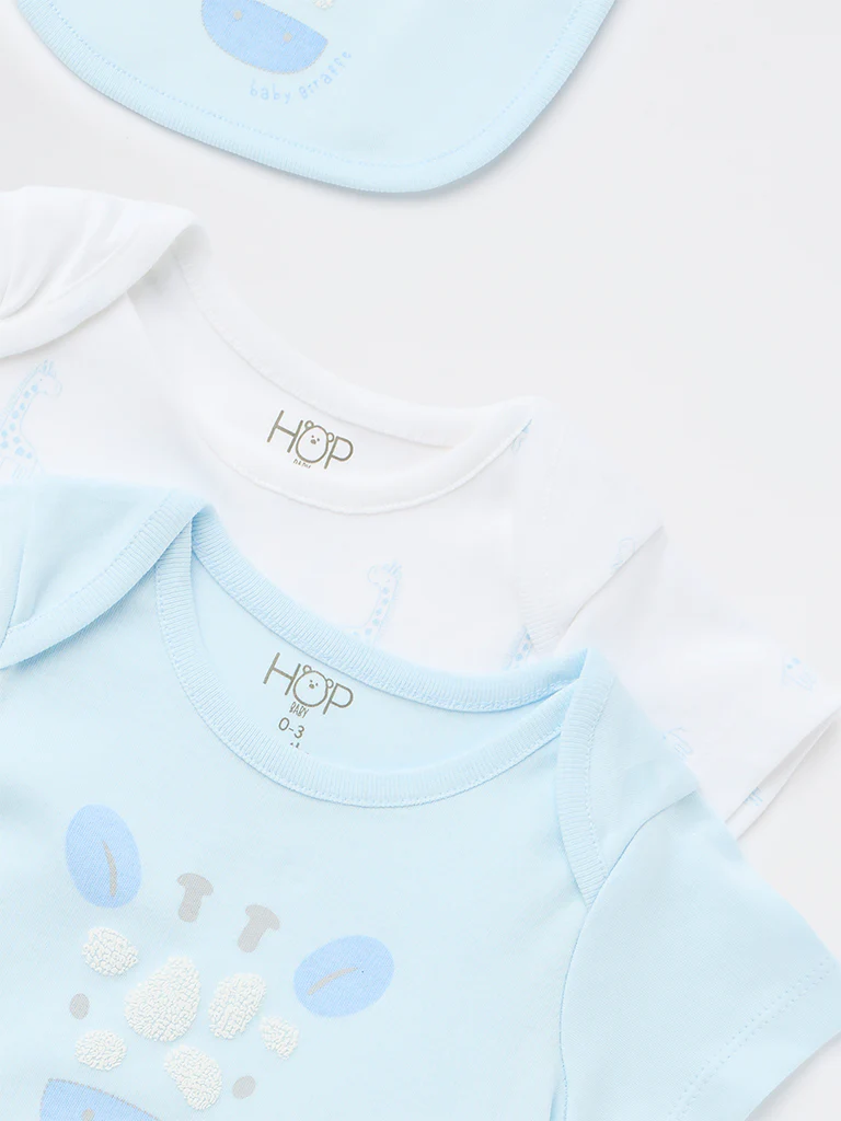 HOP Baby Boys Light Blue Cotton Romper with Bib - Pack of 2 - Image 3