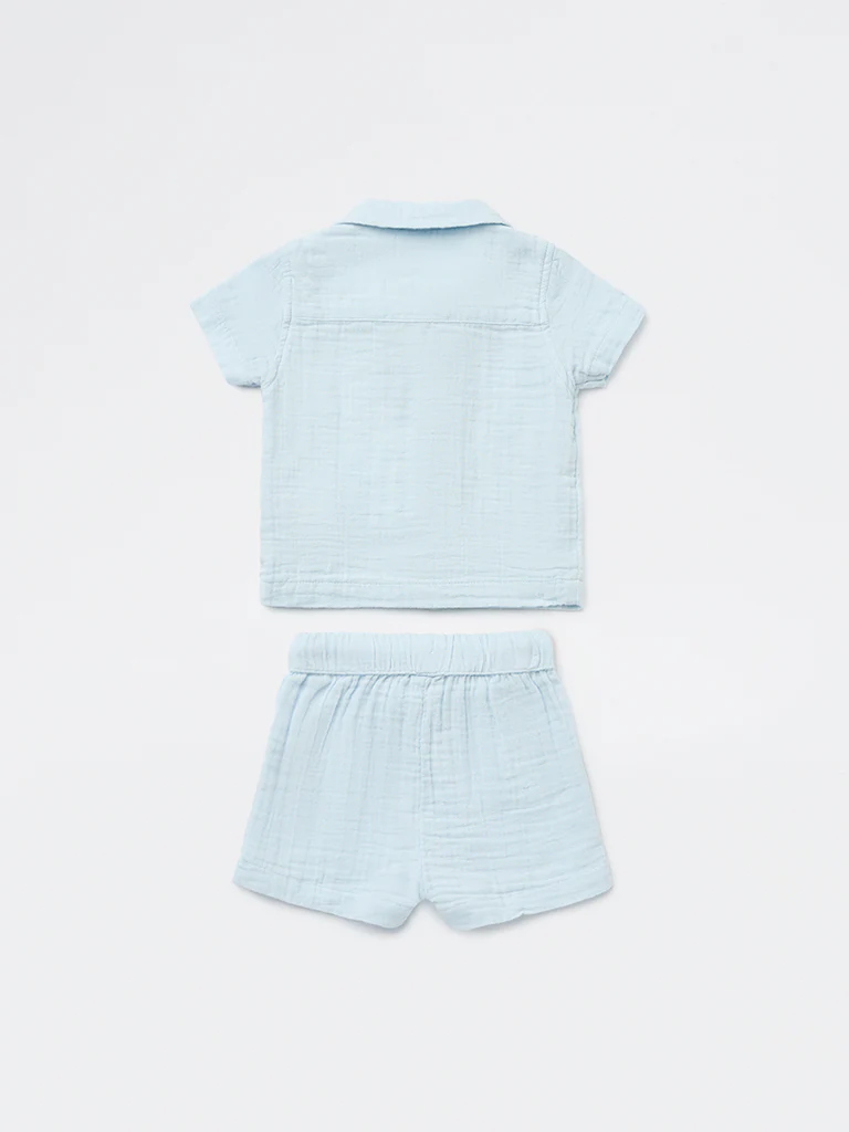 HOP Baby Boys Light Blue Cotton Shirt and Shorts Set - Image 3