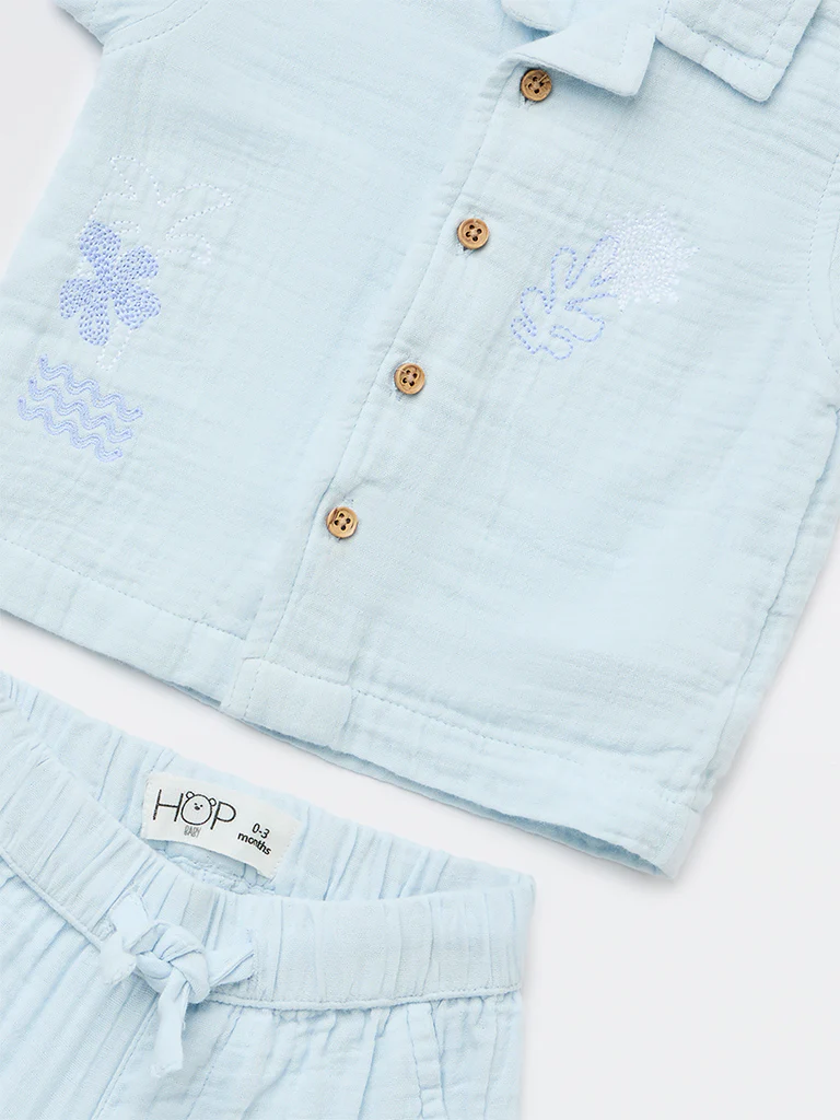 HOP Baby Boys Light Blue Cotton Shirt and Shorts Set - Image 4