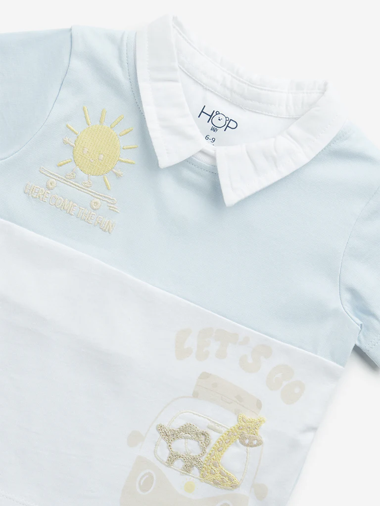 HOP Baby Boys Light Blue Embroidered Cotton T-Shirt - Image 3