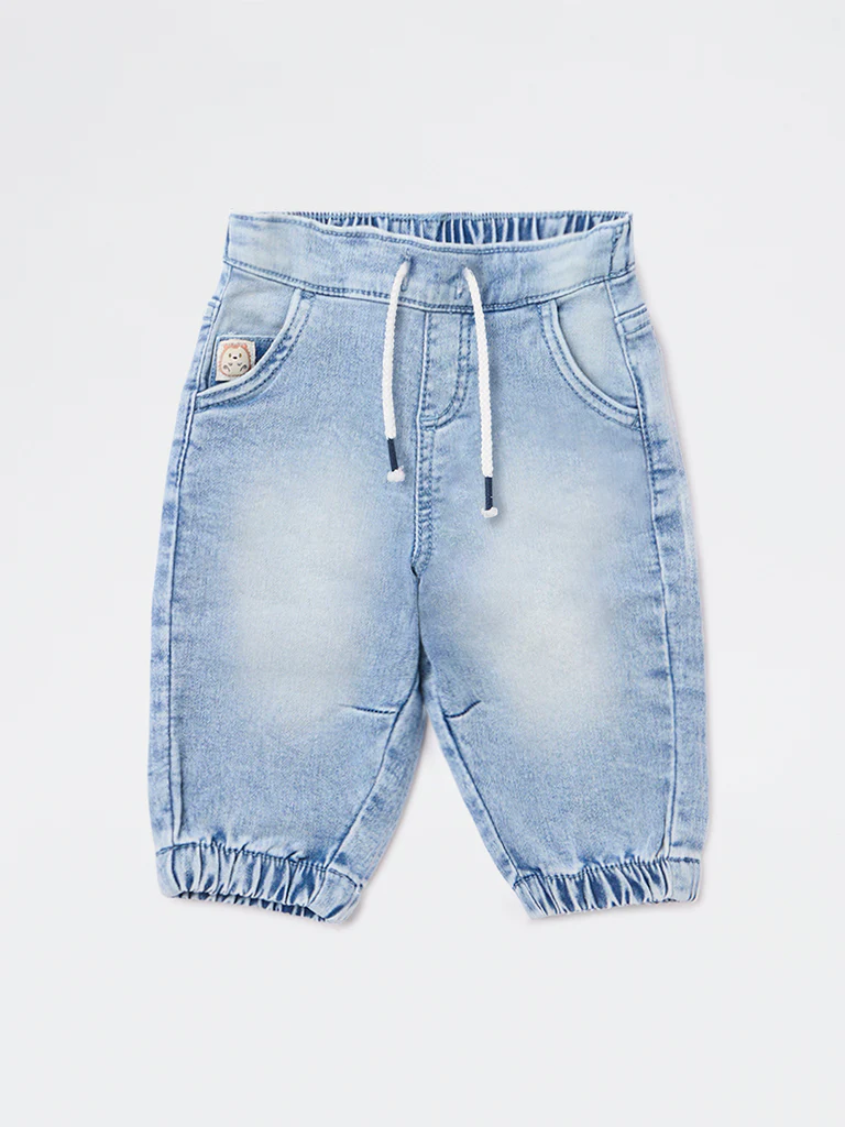 HOP Baby Boys Light Blue Faded Mid-Rise Denim Joggers - Image 2