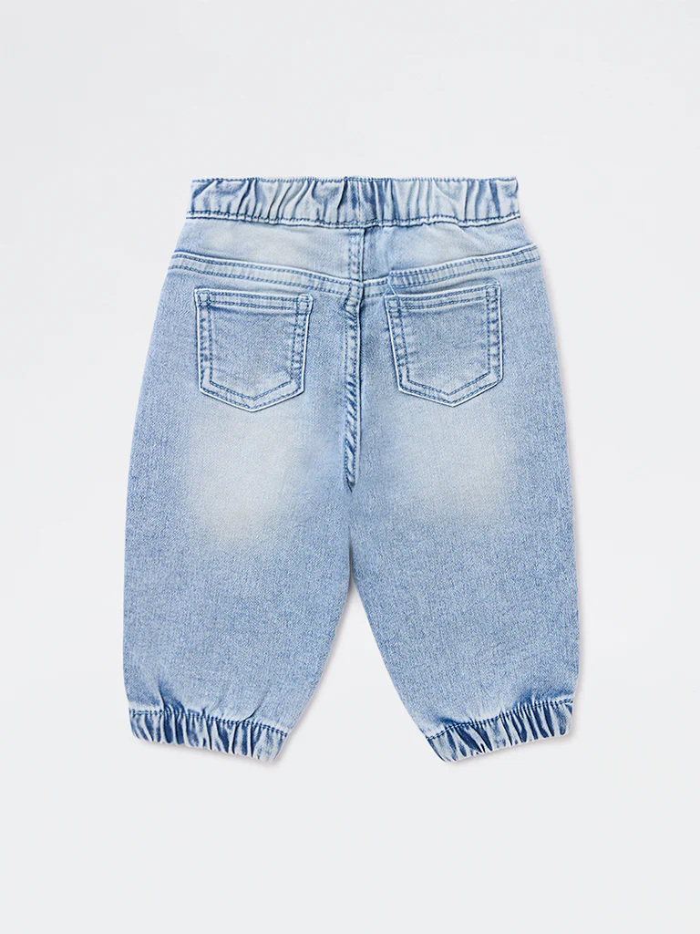 HOP Baby Boys Light Blue Faded Mid-Rise Denim Joggers - Image 3