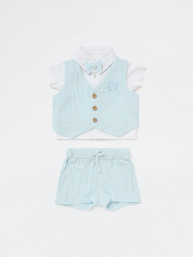 HOP Baby Boys Light Blue Textured Cotton Waistcoat, Shirt, Shorts and Bow Set - Image 2