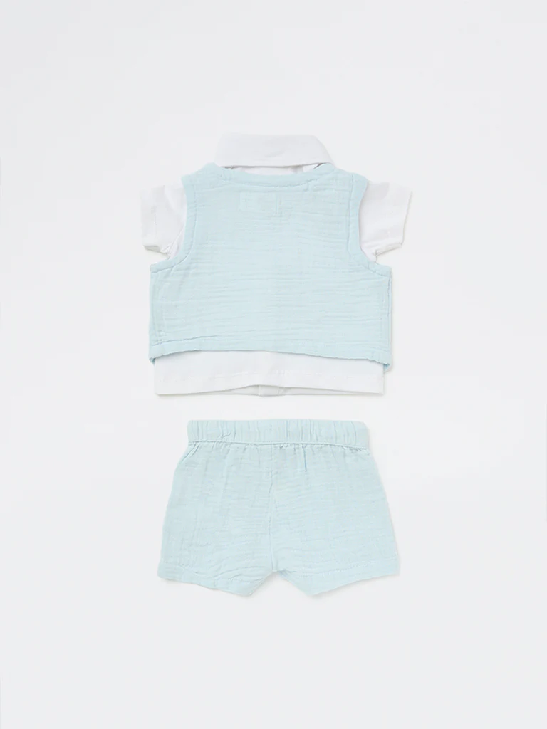 HOP Baby Boys Light Blue Textured Cotton Waistcoat, Shirt, Shorts and Bow Set - Image 3