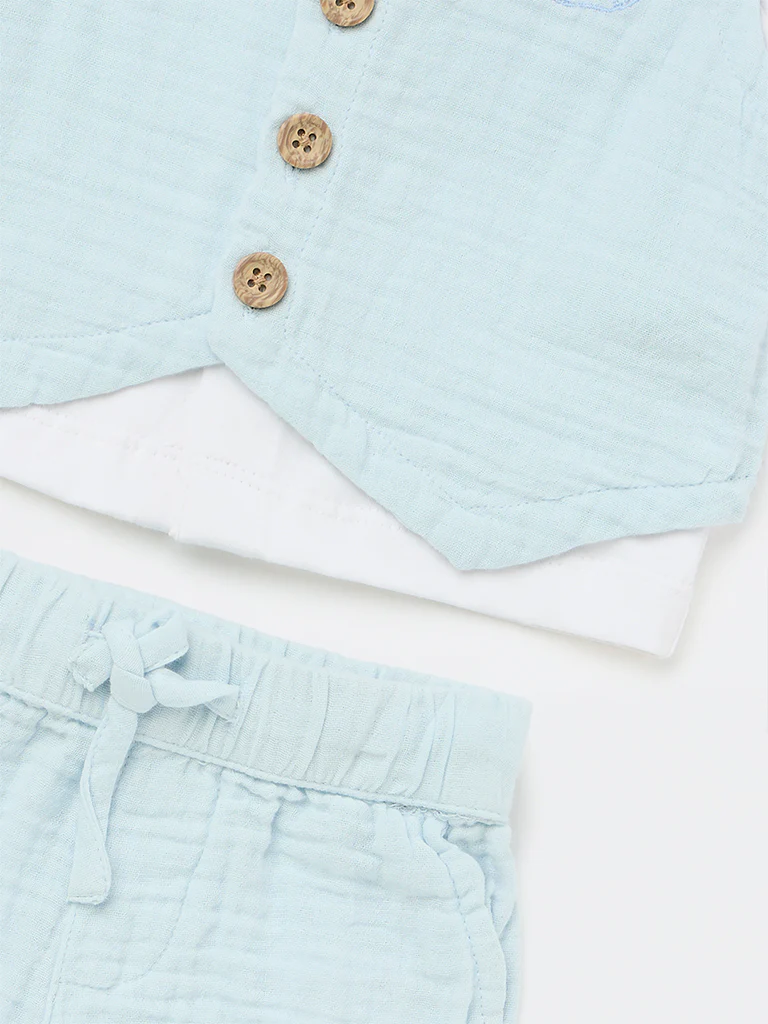 HOP Baby Boys Light Blue Textured Cotton Waistcoat, Shirt, Shorts and Bow Set - Image 4