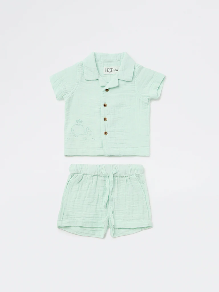HOP Baby Boys Light Sage Textured Cotton Shirt and Shorts Set - Image 2
