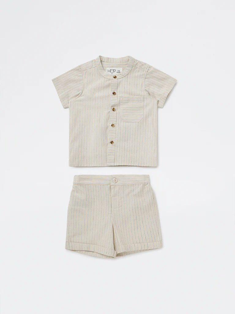 HOP Baby Boys Light Taupe Cotton Shirt with Shorts Set - Image 2
