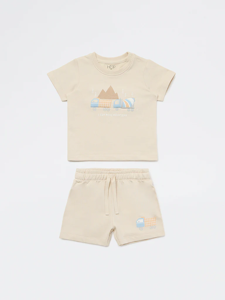 HOP Baby Boys Light Taupe Printed Cotton T-Shirt and Shorts Set - Image 2