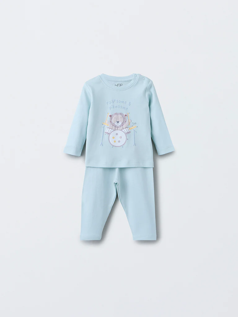HOP Baby Boys Mint Animal Design Cotton T-Shirt with Pants Set - Image 2