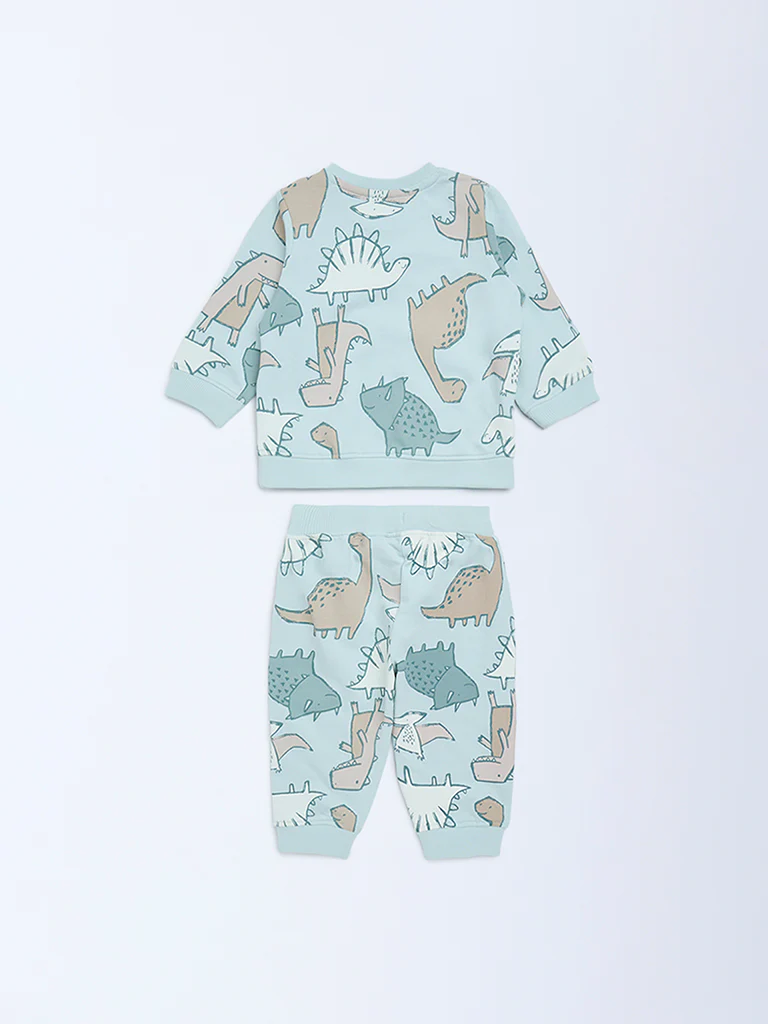 HOP Baby Boys Mint Dinosaur Pattern Sweatshirt and Joggers Set - Image 3