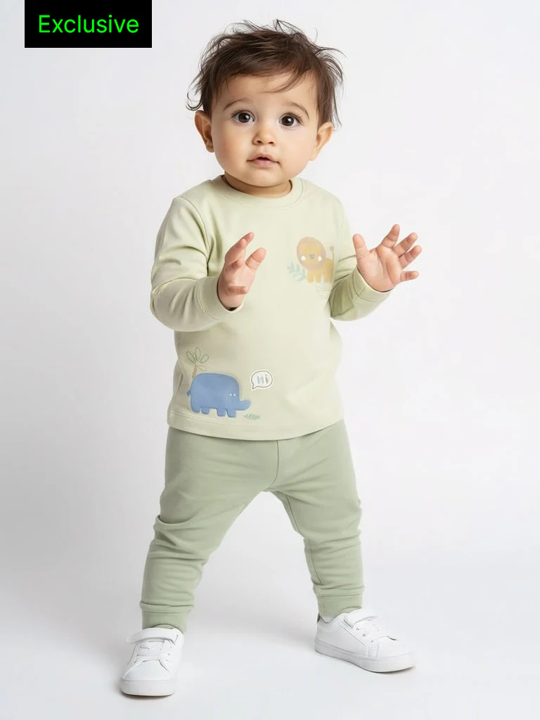 HOP Baby Boys Multicolour Animal Design Cotton T-Shirt and Pants Set - Exclusive