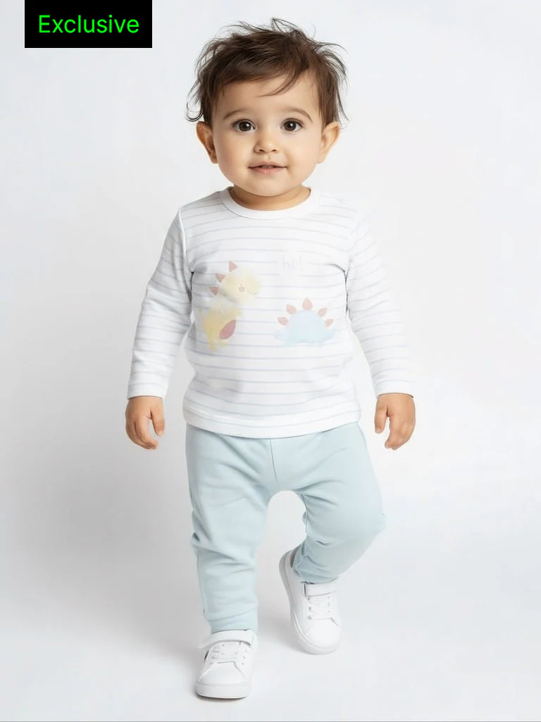 HOP Baby Boys Multicolour Dinosaur Printed Cotton T-Shirt and Pants Set - Exclusive
