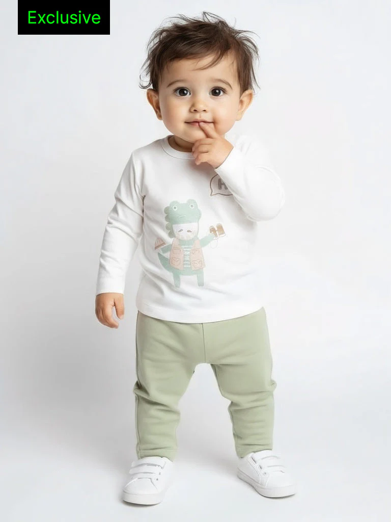 HOP Baby Boys Multicolour Dinosaur-Themed Cotton T-Shirt and Pants Set - Exclusive