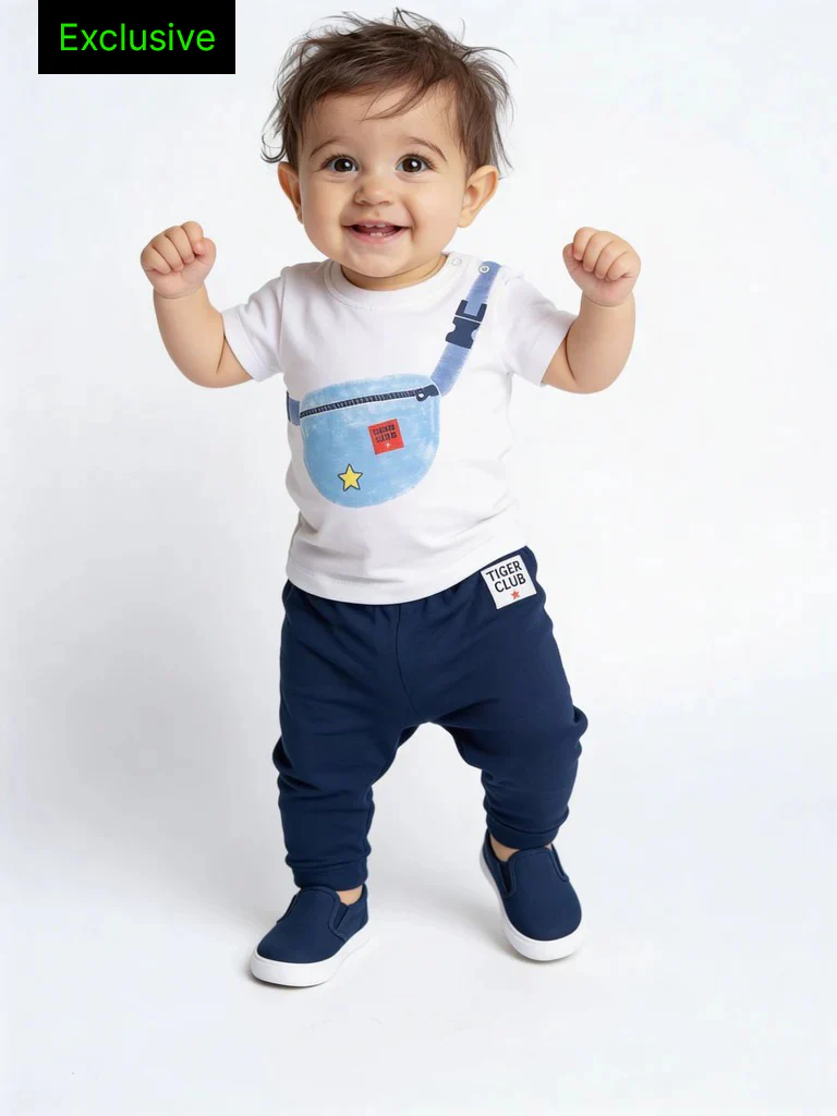 HOP Baby Boys Multicolour Printed Cotton T-Shirt and Pants Set - Exclusive
