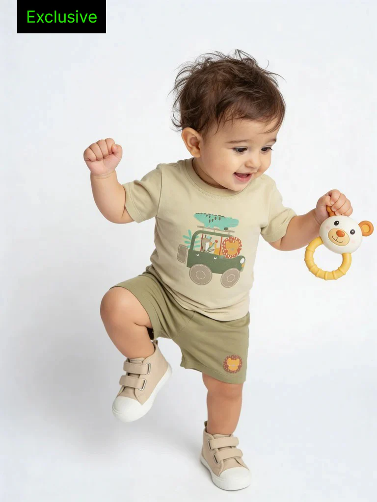 HOP Baby Boys Multicolour Printed Cotton T-Shirt and Shorts Set - Exclusive