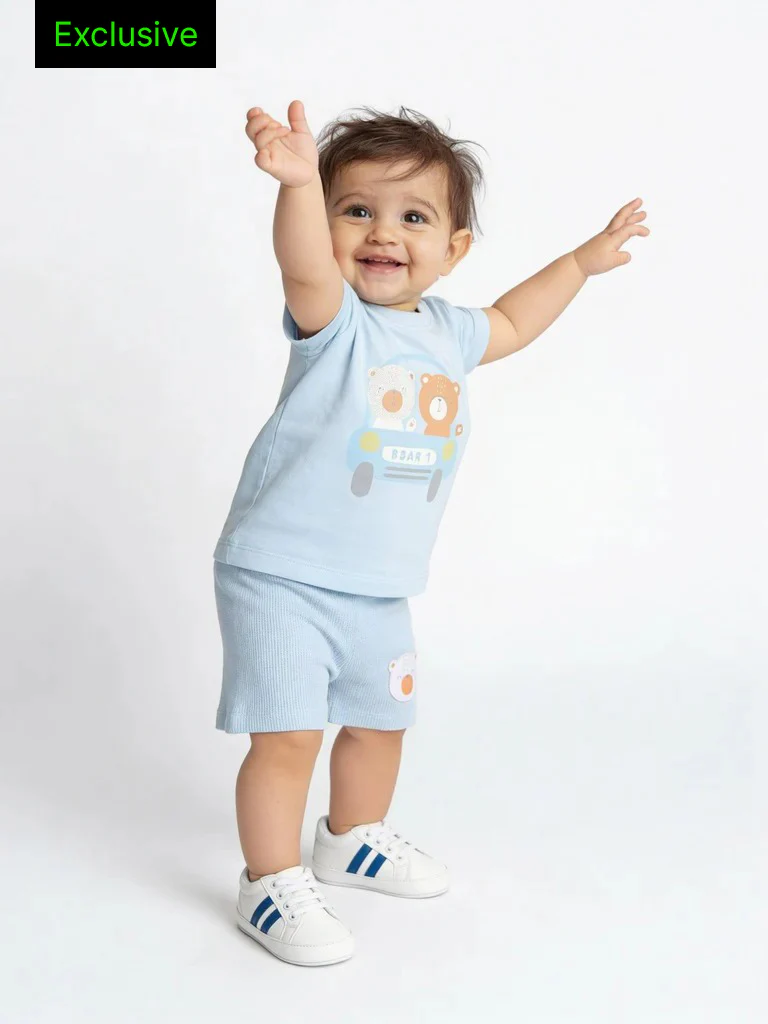 HOP Baby Boys Multicolour Printed Cotton T-Shirt and Shorts Set - Exclusive