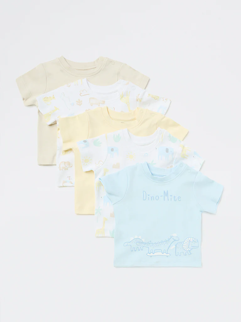 HOP Baby Boys Multicolour Printed Cotton T-Shirts - Pack of 5 - Image 2