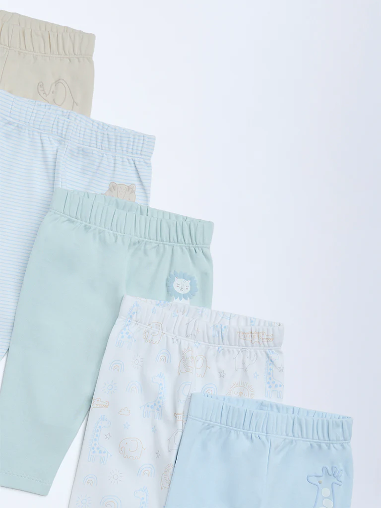 HOP Baby Boys Multicolour Printed Mid-Rise Cotton Pants - Pack of 5 - Image 4