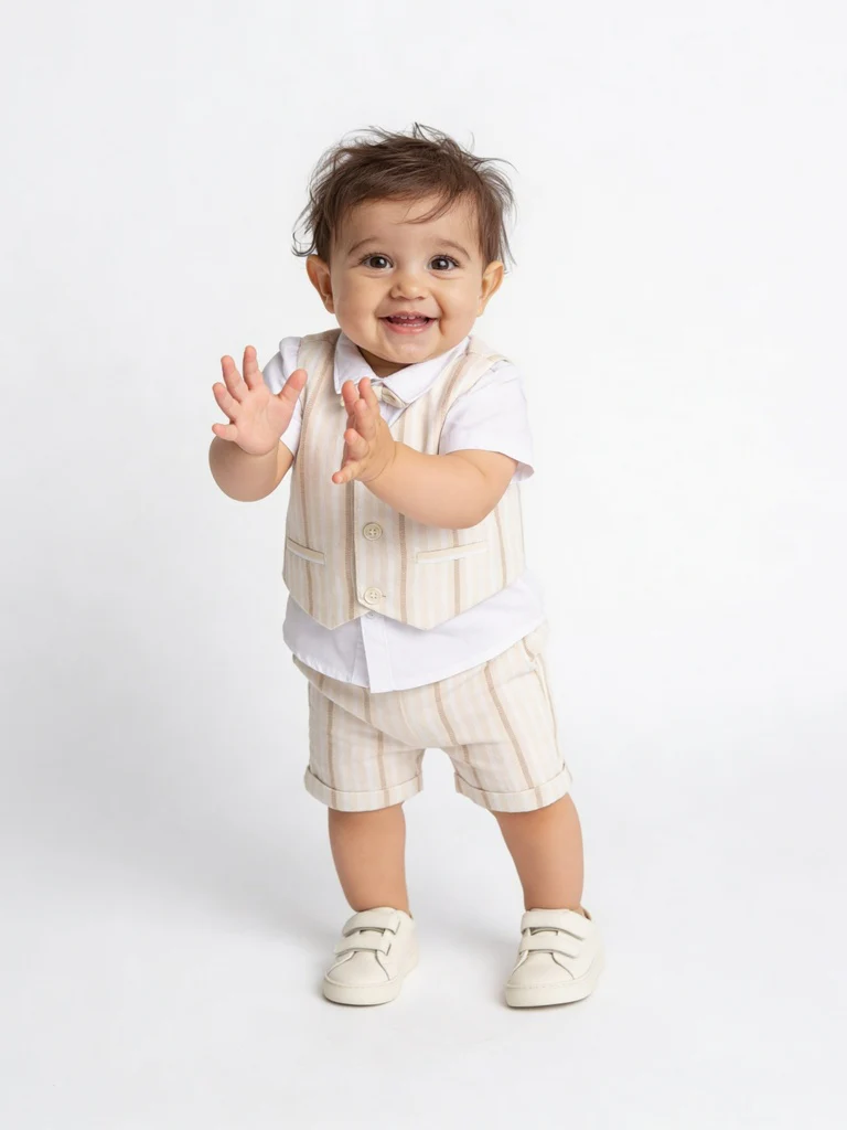 HOP Baby Boys Multicolour Striped Cotton T-Shirt, Shorts, Waistcoat and Bow Set