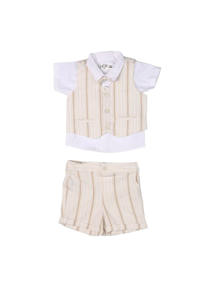 HOP Baby Boys Multicolour Striped Cotton T-Shirt, Shorts, Waistcoat and Bow Set - Image 2