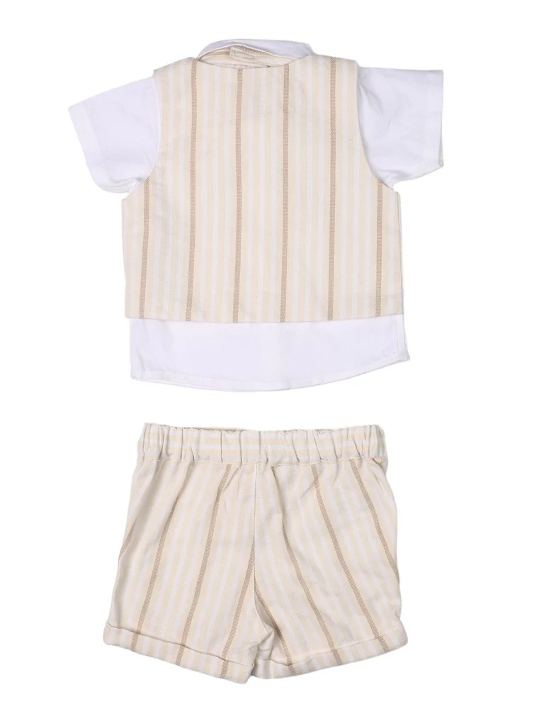 HOP Baby Boys Multicolour Striped Cotton T-Shirt, Shorts, Waistcoat and Bow Set - Image 3