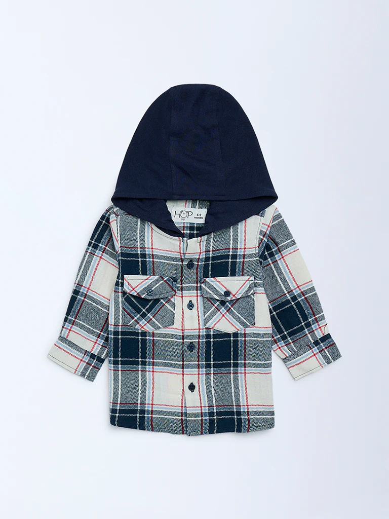 HOP Baby Boys Navy Checkered Hooded Cotton Shirt - Image 2