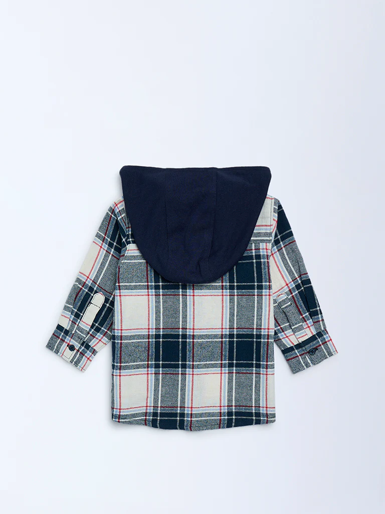 HOP Baby Boys Navy Checkered Hooded Cotton Shirt - Image 3