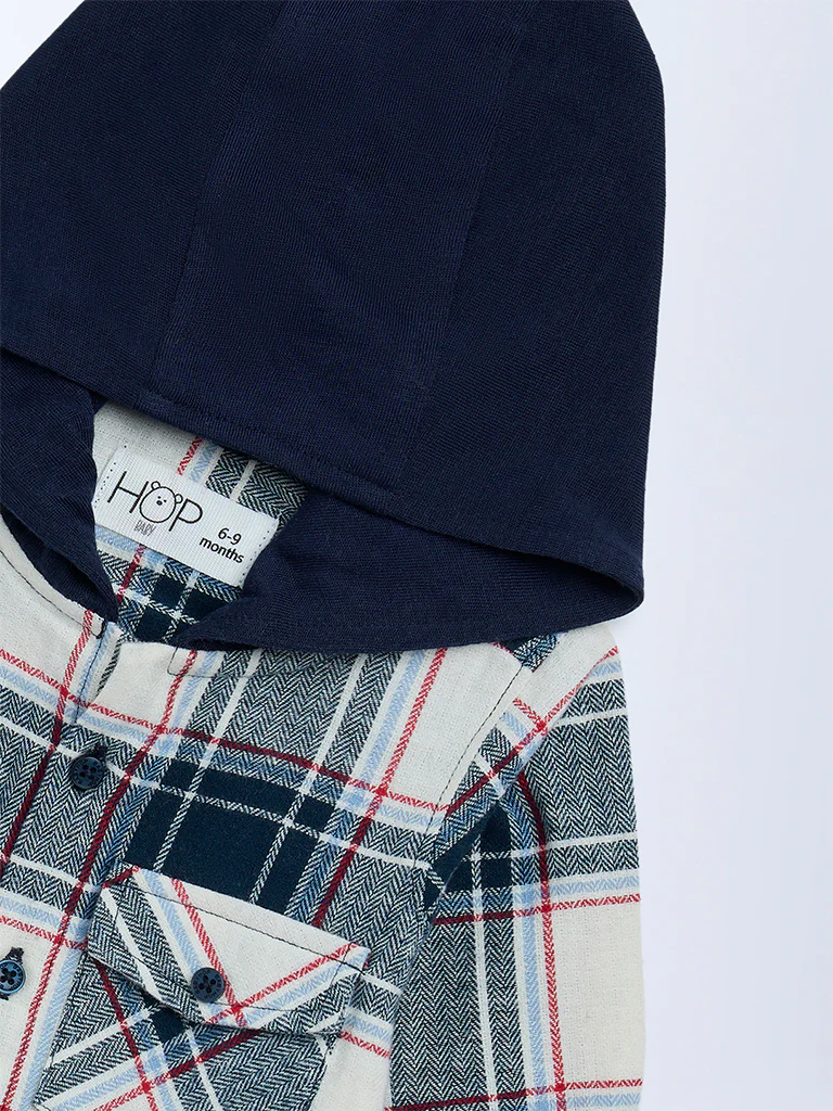 HOP Baby Boys Navy Checkered Hooded Cotton Shirt - Image 4