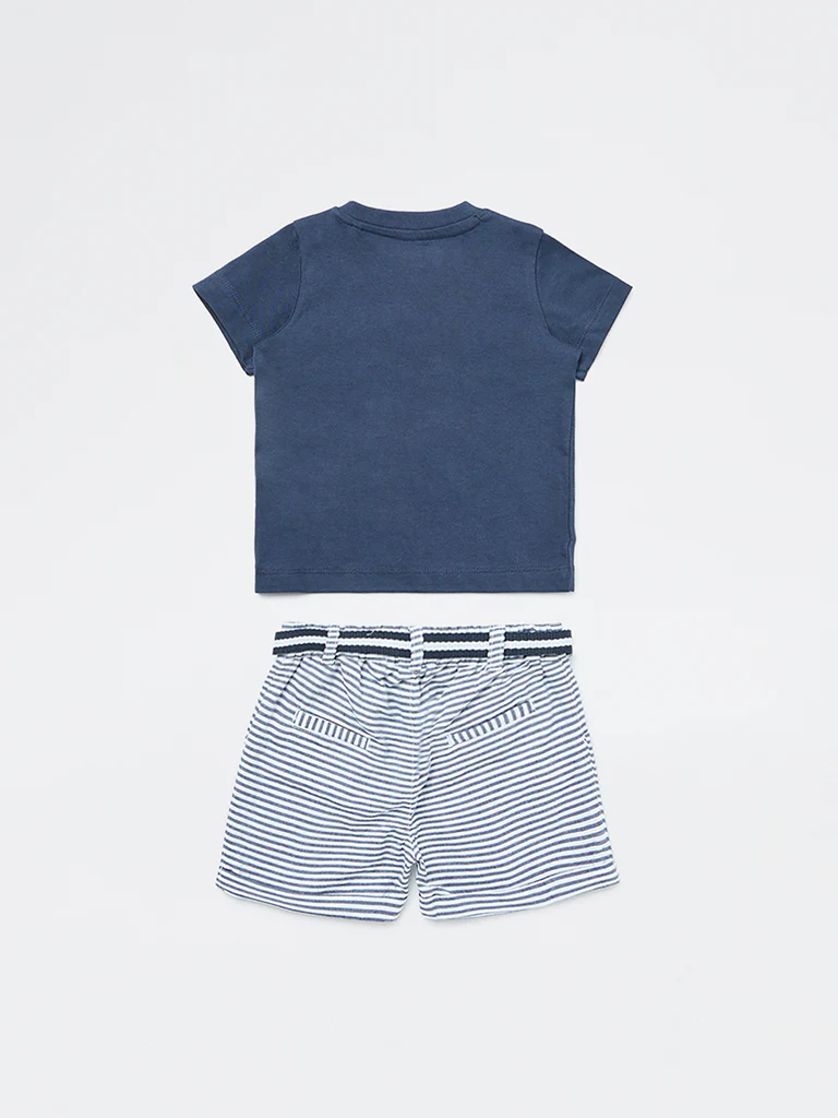 HOP Baby Boys Navy Embroidered Cotton T-Shirt and Shorts Set - Image 3