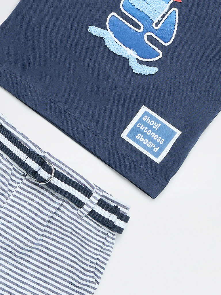 HOP Baby Boys Navy Embroidered Cotton T-Shirt and Shorts Set - Image 4