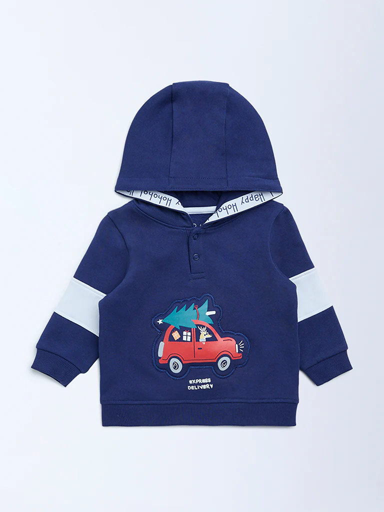 HOP Baby Boys Navy Printed Hooded Cotton Sweatshirt - Image 2
