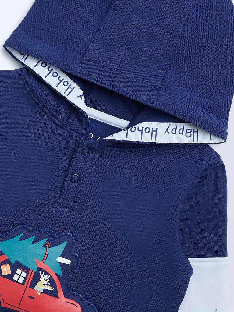 HOP Baby Boys Navy Printed Hooded Cotton Sweatshirt - Image 4