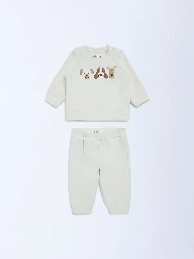 HOP Baby Boys Off-White Animal Design Sweatshirt and Joggers Set - Image 2