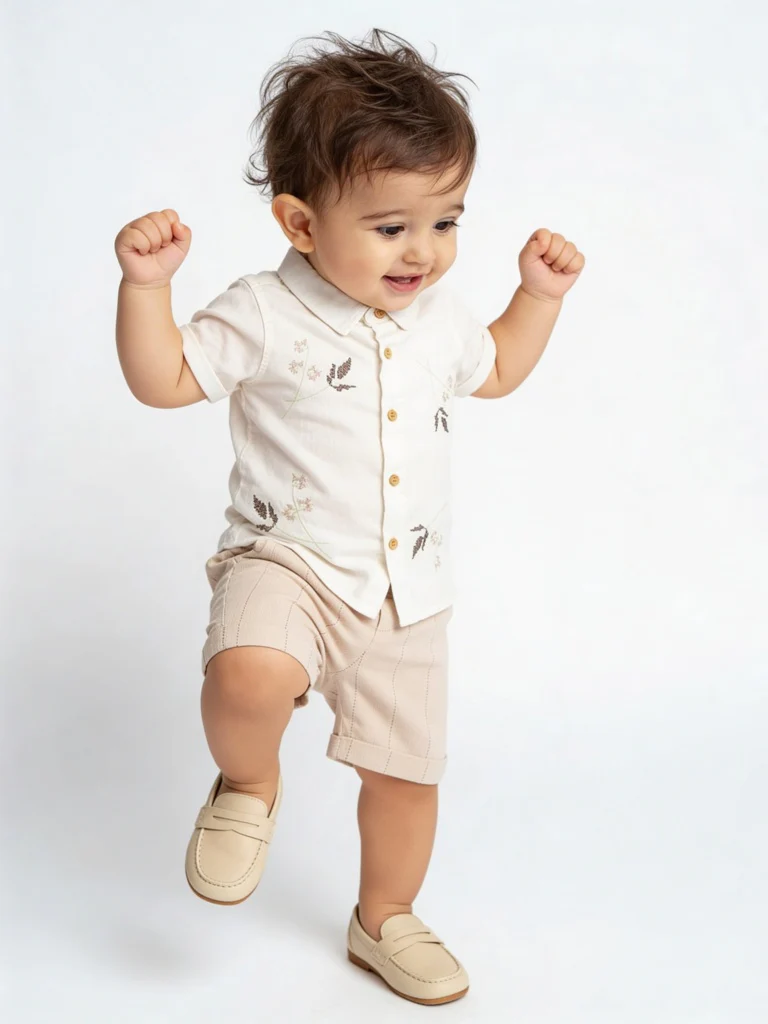 HOP Baby Boys Off-White Cotton Shirt and Shorts Set