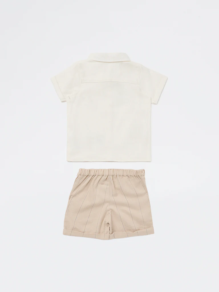 HOP Baby Boys Off-White Cotton Shirt and Shorts Set - Image 3