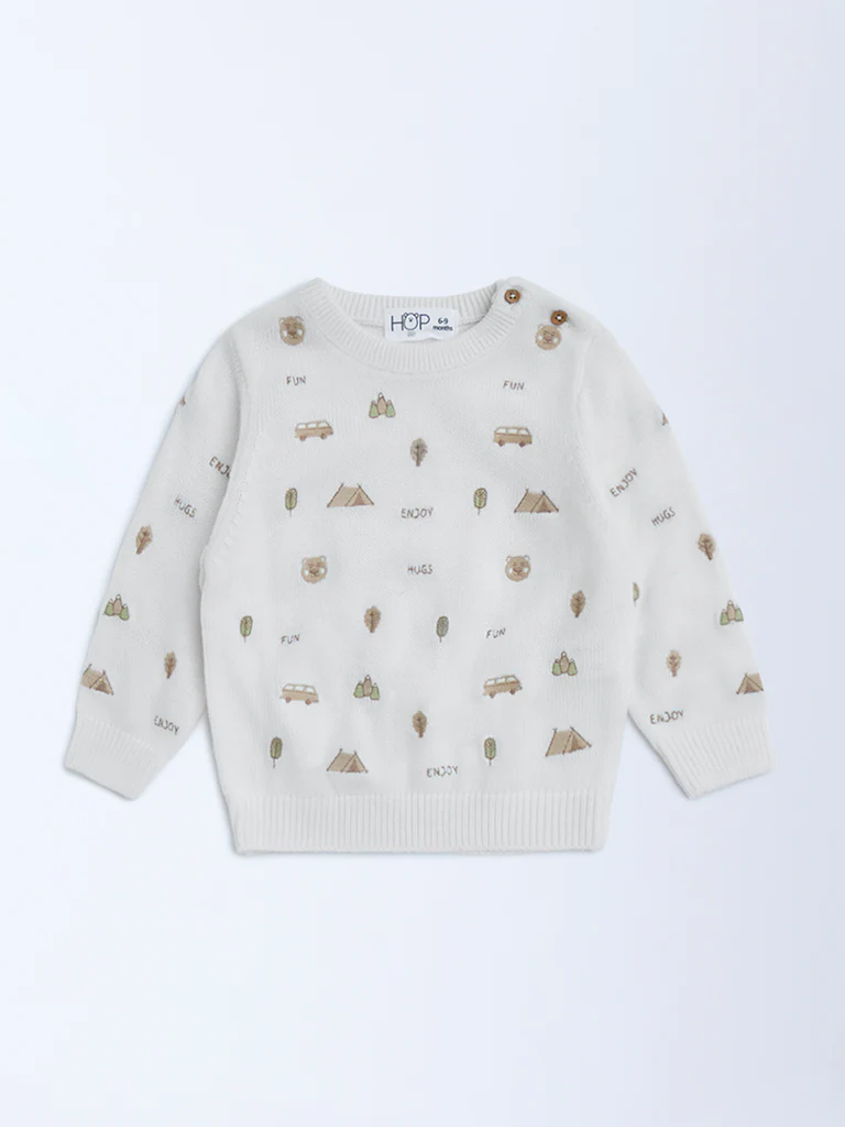 HOP Baby Boys Off-White Embroidered Sweater - Image 2