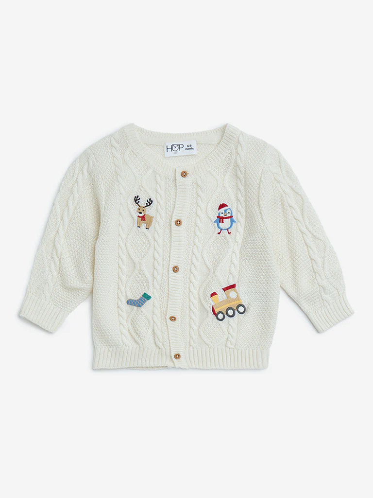 HOP Baby Boys Off-White Knit-Textured Cardigan - Image 2