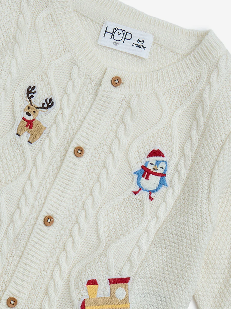 HOP Baby Boys Off-White Knit-Textured Cardigan - Image 4