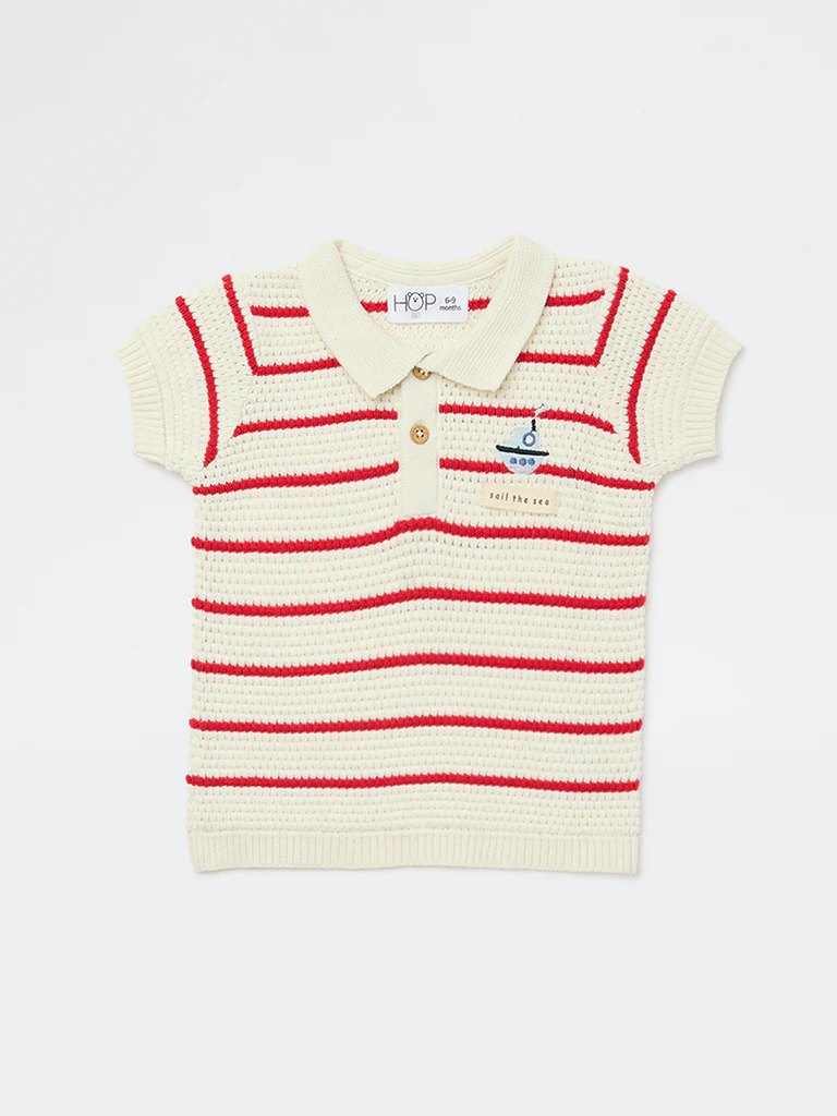 HOP Baby Boys Off-White Striped Cotton Sweater - Image 2