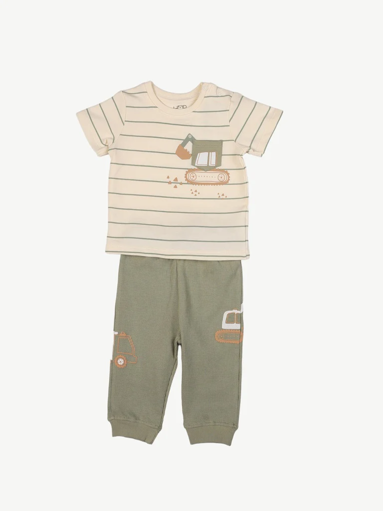 HOP Baby Boys Off-White Striped Cotton T-Shirt and Pants Set - Image 2
