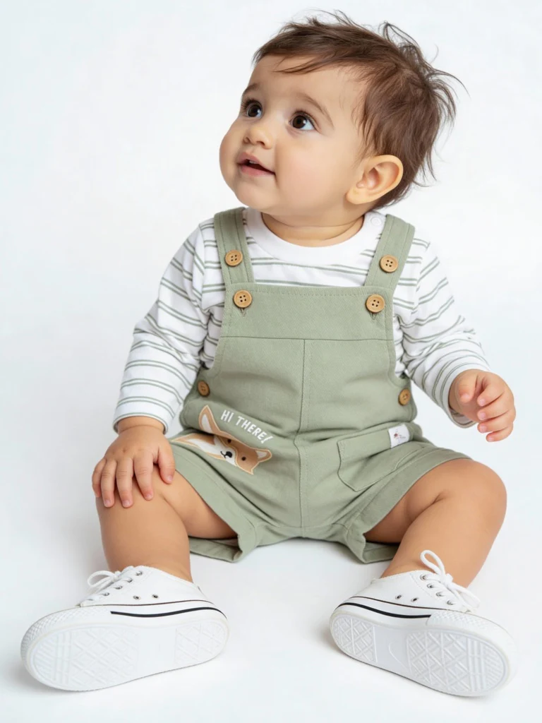 HOP Baby Boys Olive Animal Design Dungaree and T-Shirt Set