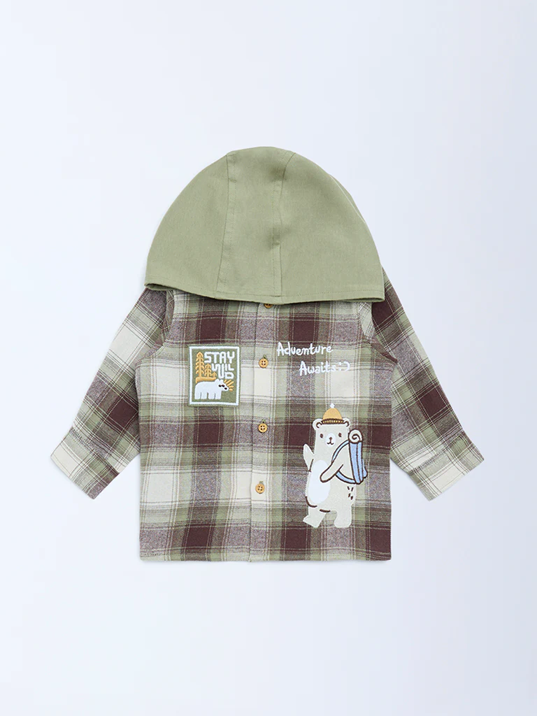 HOP Baby Boys Olive Checkered Cotton Hooded Shirt - Image 2