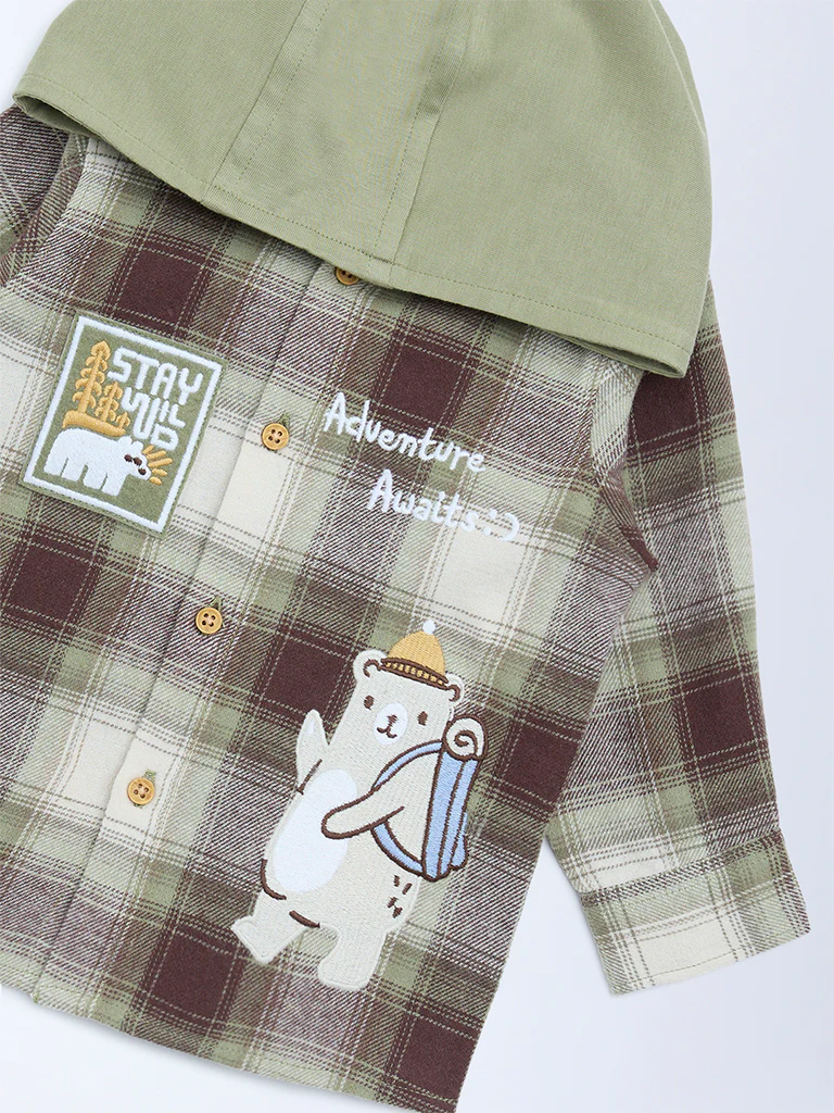 HOP Baby Boys Olive Checkered Cotton Hooded Shirt - Image 4