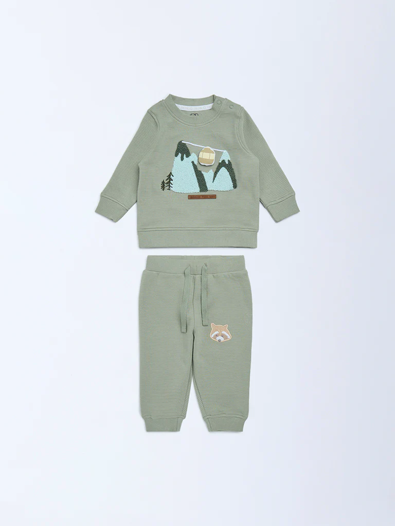 HOP Baby Boys Olive Cotton Sweatshirt with Joggers Set - Image 2