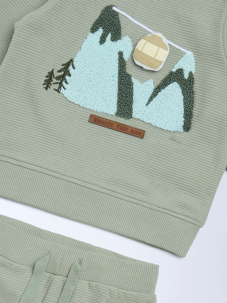 HOP Baby Boys Olive Cotton Sweatshirt with Joggers Set - Image 4
