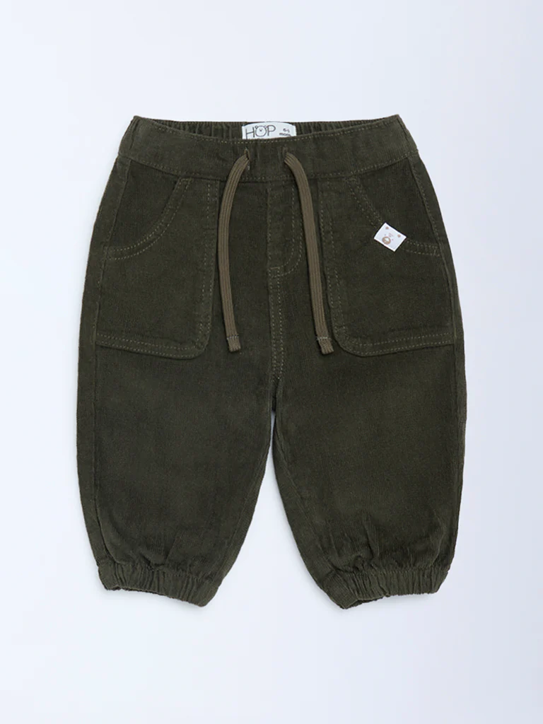 HOP Baby Boys Olive Mid-Rise Corduroy Joggers - Image 3