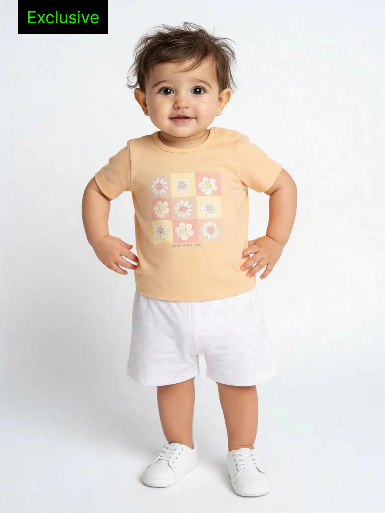 HOP Baby Boys Peach Printed Cotton T-Shirt and Shorts Set - Exclusive