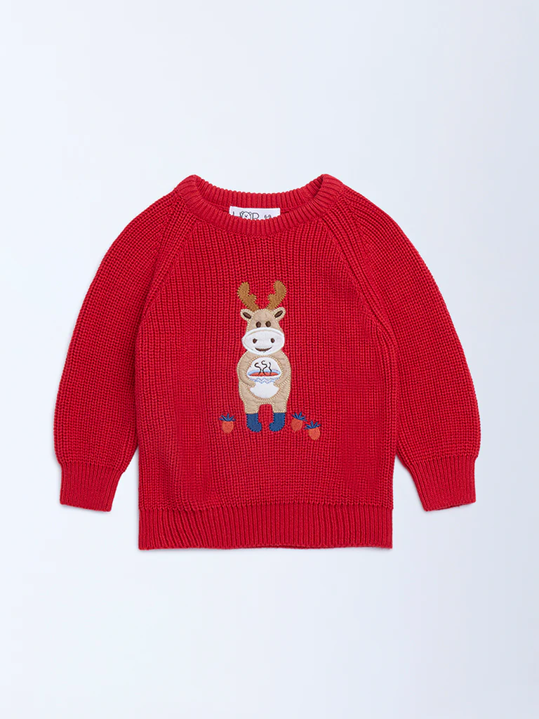 HOP Baby Boys Red Animal Cotton Embroidered Sweater - Image 2