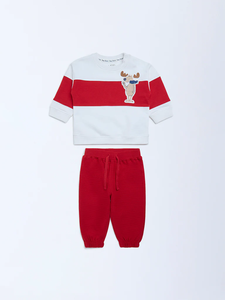 HOP Baby Boys Red Colour-Blocked Cotton Sweatshirt and Joggers Set - Image 2